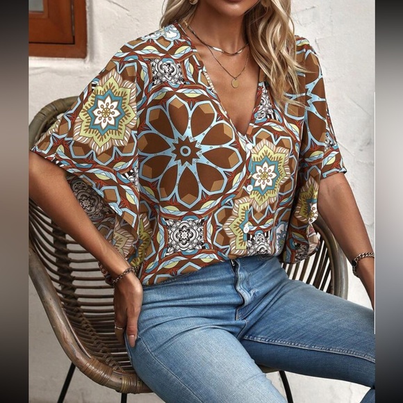 Boho floral print batwing sleeve blouse - Picture 6 of 6